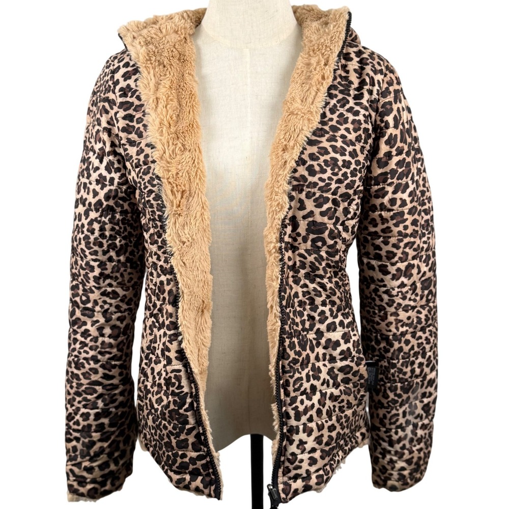 Vintage Urban Retro M Reversible‎ Jacket Leopard Faux Fur Hood Mob Wife Coat Y2K
